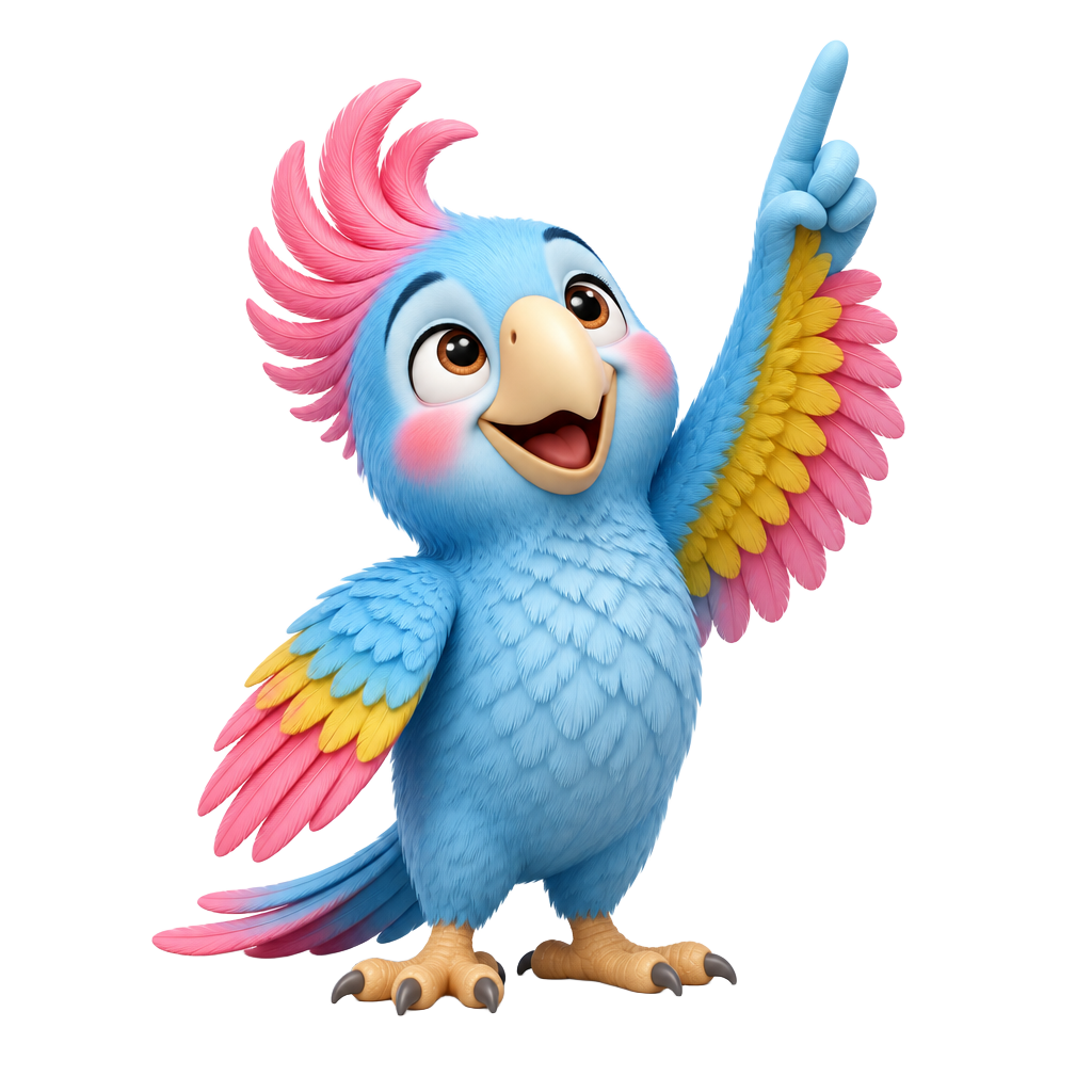 Pippin the parrot pointing up at the quiz